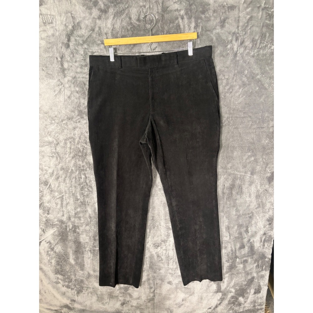 Mens Black Fine Wale Corduroy Straight Leg Flat Front Trousers Pants 37x31.5